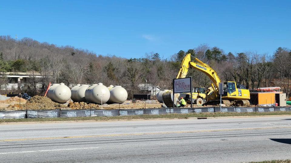 Construction crews with Wilson-Covington Construction work on a new Sheetz gas station that is being built at 5440 Asheville Highway in Fletcher, just off of Interstate 26. It is directly across from the DQ Grill & Chill gas station.