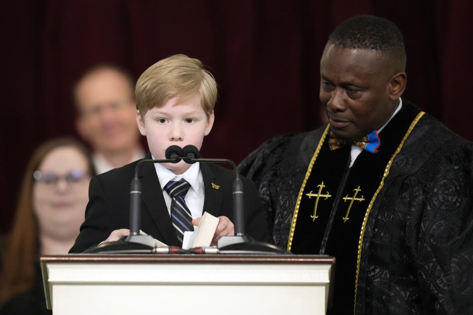 Great grandchild Charles Jeffrey Carter reads a scripture during the funeral service for former first lady Rosalynn Carter at Maranatha Baptist Church, Wednesday, Nov. 29, 2023, in Plains, Ga. The former first lady died on Nov. 19. She was 96. (AP Photo/Alex Brandon, Pool)