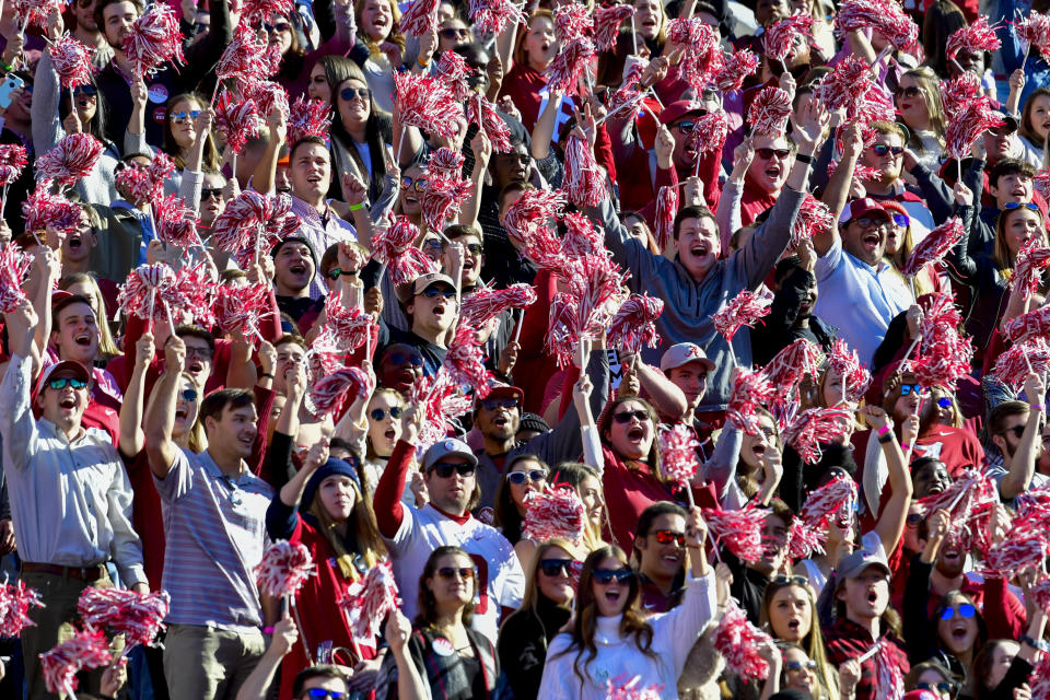 FILE - Alabama fans cheer before an NCAA college football game against LSU in Tuscaloosa, Ala., Saturday, Nov. 9, 2019. Alabama is No. 1 in the preseason AP Top 25 for the second straight season. (AP Photo/Vasha Hunt, File)