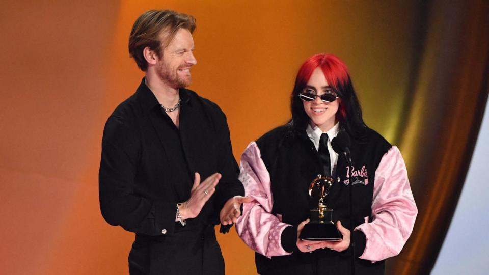 PHOTO: Billie Eilish and Finneas O'Connell accept the Song Of The Year award for 'What Was I Made For?' during the 66th Annual Grammy Awards in Los Angeles, Feb. 4, 2024.  (Valerie Macon/AFP via Getty Images)