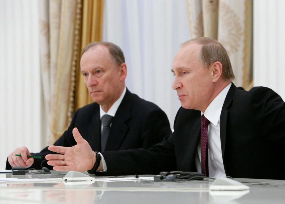 Nikolai Patrushev (left) was accused of personally overseeing the assassination of Yevgeny Prigozhin (POOL/AFP via Getty Images)