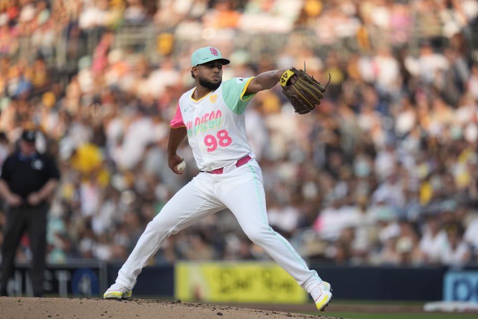 San Diego Padres starting pitcher Randy Vasquez works against an Arizona Diamondbacks batter during the second inning of a baseball game Friday, July 5, 2024, in San Diego. (AP Photo/Gregory Bull)