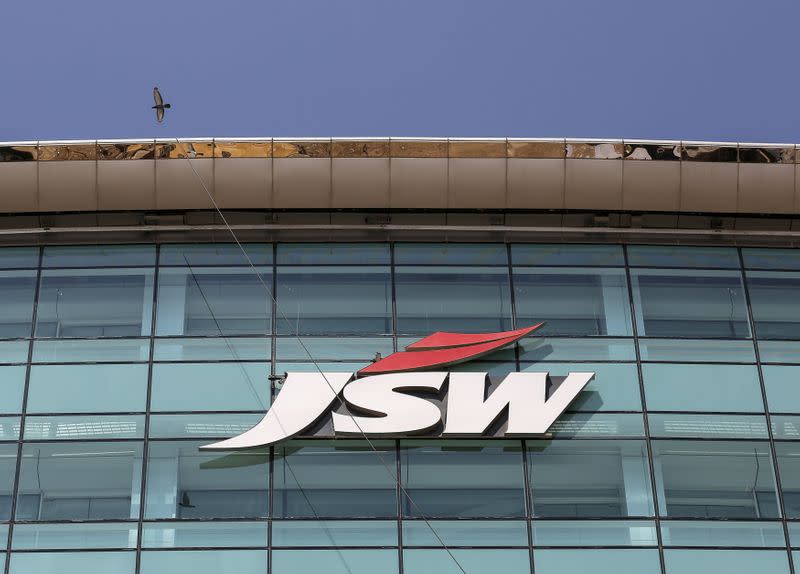 FILE PHOTO: The logo of JSW is seen on the company's headquarters in Mumbai