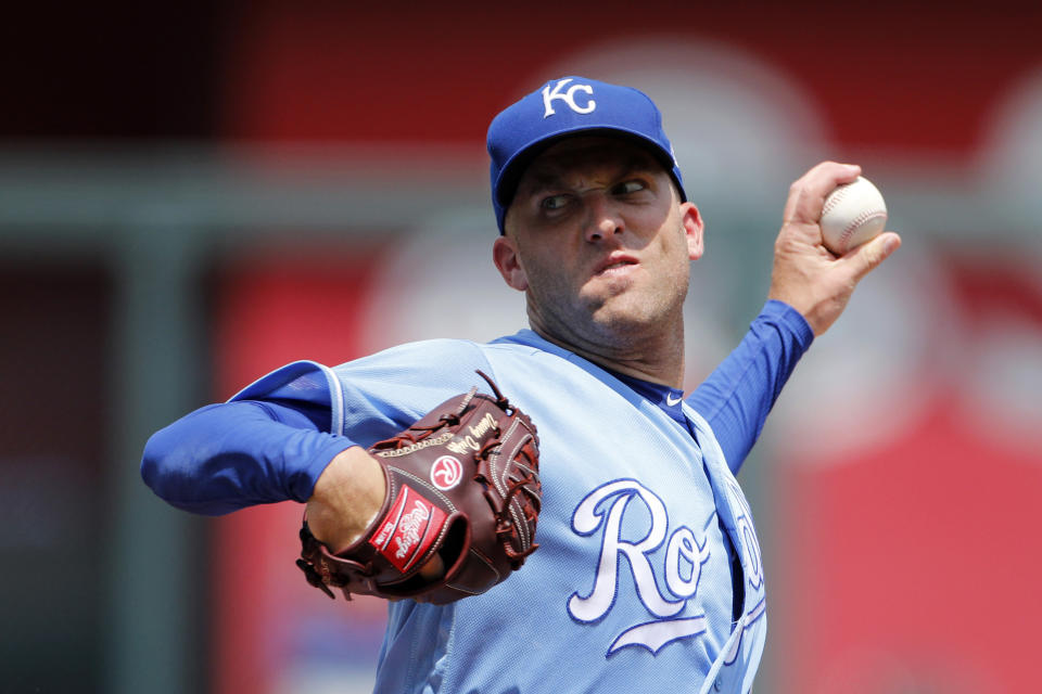 Kansas City Royals pitcher Danny Duffy throws in the first inning of a baseball game against the Cleveland Indians at Kauffman Stadium in Kansas City, Mo., Sunday, July 28, 2019. (AP Photo/Colin E. Braley)