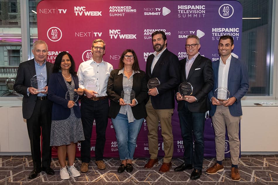 The Next TV Innovation Award winners (from l.): Bill Rouhana, Chicken Soup for the Soul Entertainment; Shalini Govil-Pai, Google; Todd Achilles, Evoca; Meredith Brace, Samba TV; Erick Opeka, Cinedigm Networks; Geir Skaaden, Xperi/TiVo; and Matt Duarte, YES Network.