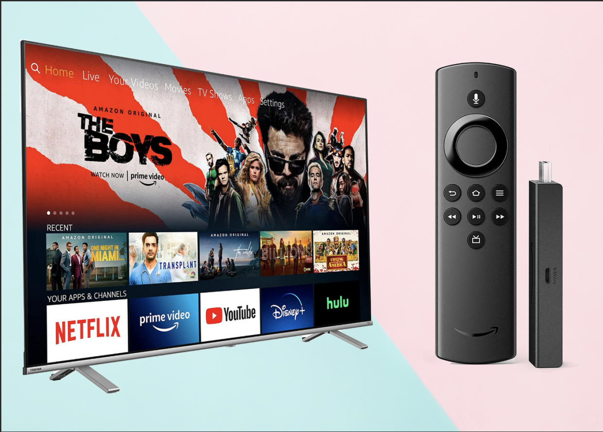 A Fire TV Stick Lite and a 50-inch Toshiba television on a pink and blue background.