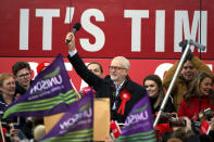 Labour Party leader Jeremy Corbyn speaks at a rally in Stainton Village, on the last day of General Election campaigning, in Middlesbrough, England, Wednesday, Dec. 11, 2019. Britain goes to the polls on Dec. 12. (Owen Humphreys/PA via AP)