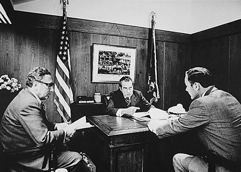 President Nixon in a Vietnam War planning meeting in November 1972, just a few months after the Watergate burglary but two years before finally being forced to resign over it (NATIONAL ARCHIVES/AFP via Getty)