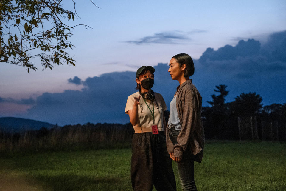 Director Celine Song with Greta Lee on set of 