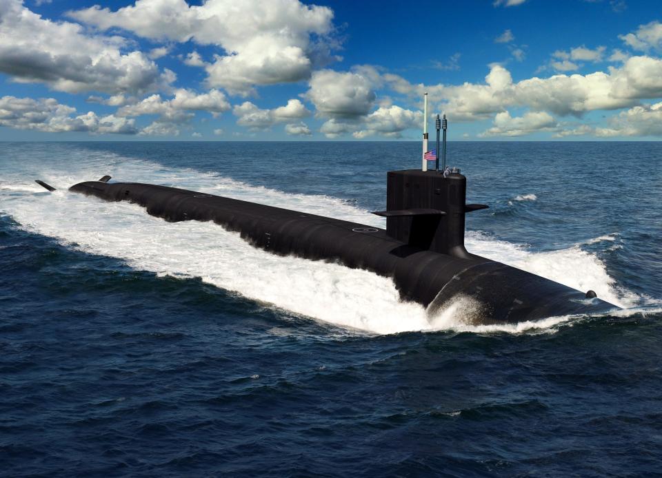 A rendering of a Columbia class SSBN missile submarine sailing at sea.