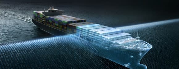 An artists rendering of a ship passing through a digital veil.