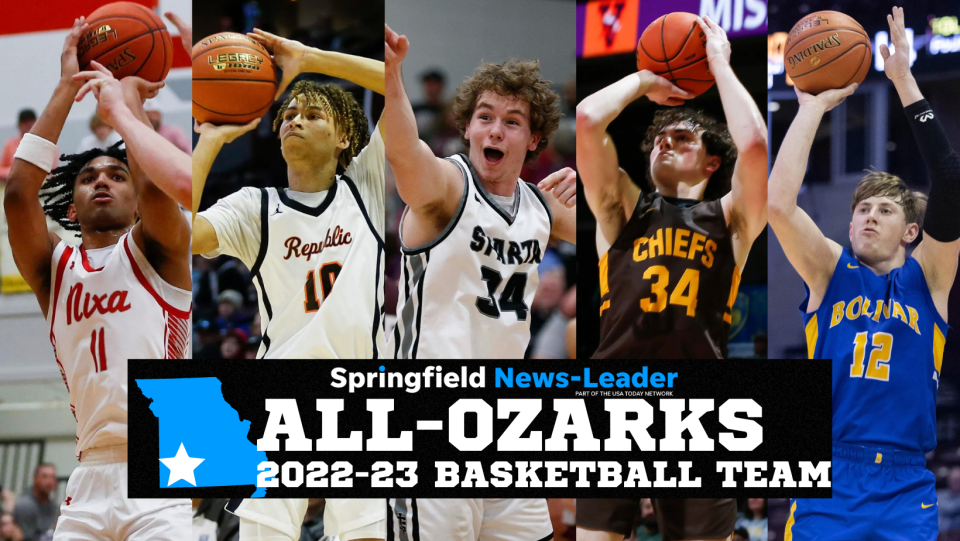 The 2022-23 Springfield News-Leader All-Ozarks Basketball Team has been revealed with (left to right) Nixa's Kael Combs, Republic's Ahlante Askew, Sparta's Jacob Lafferty, Kickapoo's Brayden Shorter and Bolivar's Kyle Pock making the team.