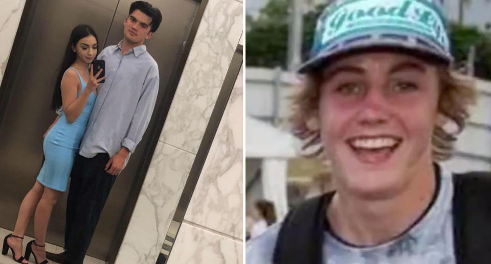 Ms Murphy in a blue dress with Kynan Vital outside an elevator (left), Ethan McPherson in a blue cap with blonde hair(right). 