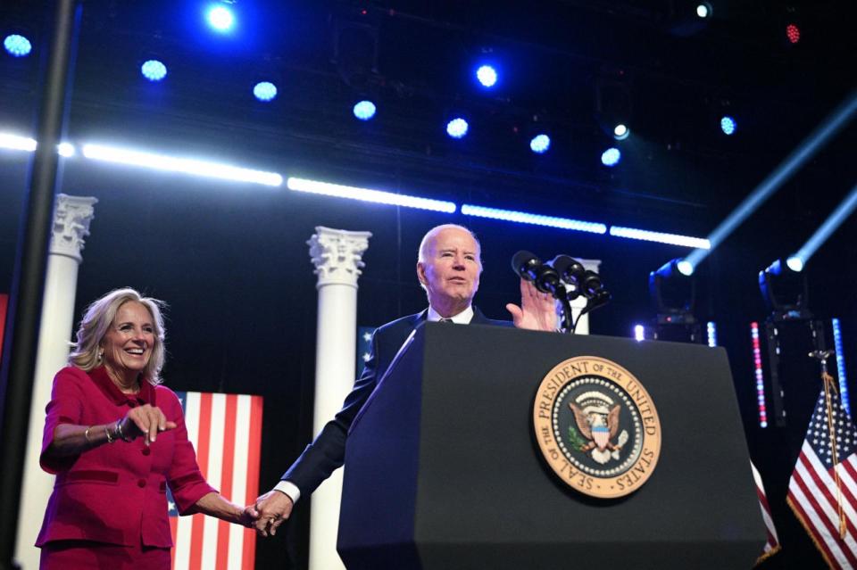 PHOTO: President Joe Biden and First Lady Jill Biden wave after he spoke at Montgomery County Community College in Blue Bell, Pa., Jan. 5, 2024.  (Mandel Ngan/AFP via Getty Images)