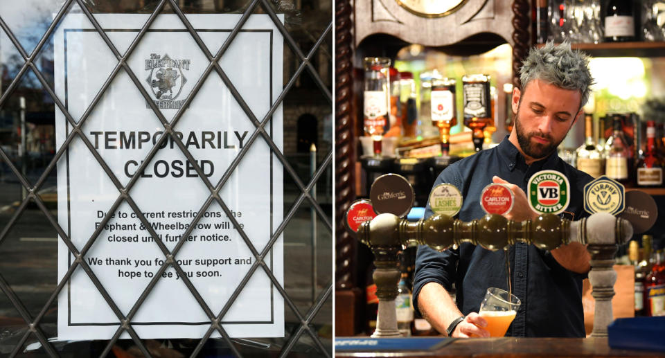 Pictured is a temporary closed sign on a Melbourne pub (left) and a bartender pouring a beer from the tap (right). 