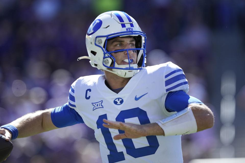 BYU quarterback Kedon Slovis (10) passes during the first half of an NCAA college football game against TCU Saturday, Oct. 14, 2023, in Fort Worth, Texas. | LM Otero, Associated Press