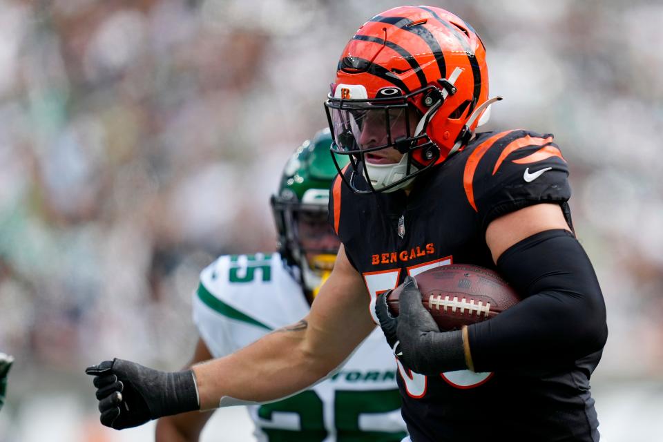 Cincinnati Bengals linebacker Logan Wilson, running back an interception that led to a field goal against the New York Jets Sept. 25, is injured and will be a key loss to the Bengals as they play the Falcons.