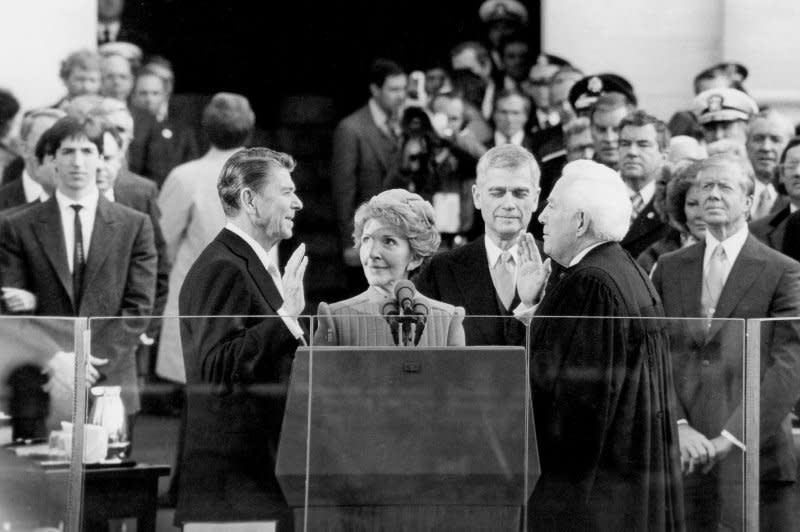 President Ronald Reagan is sworn in as the 40th president of the United States on January 20, 1981, at the Capitol in Washington, D.C. UPI File Photo