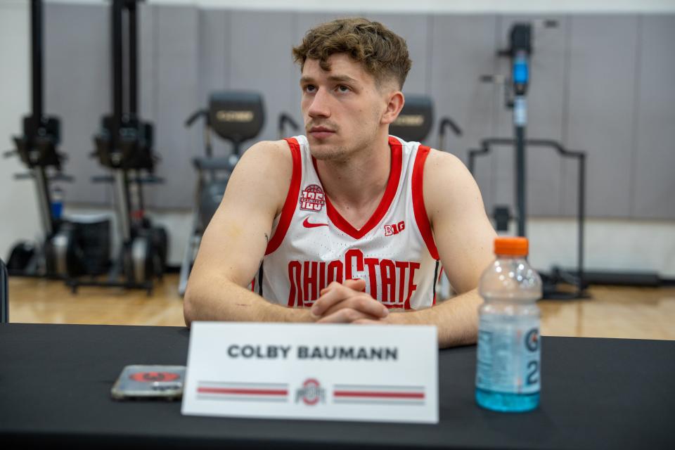 Sep 25, 2023; Columbus, OH, USA; Colby Baumann talks about their upcoming season at the Schottensteim Center.