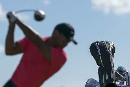 December 3, 2017; New Providence, The Bahamas; Detail view of the TaylorMade head coach as Tiger Woods practices on the driving range during the final round of the Hero World Challenge golf tournament at Albany. Kyle Terada-USA TODAY Sports