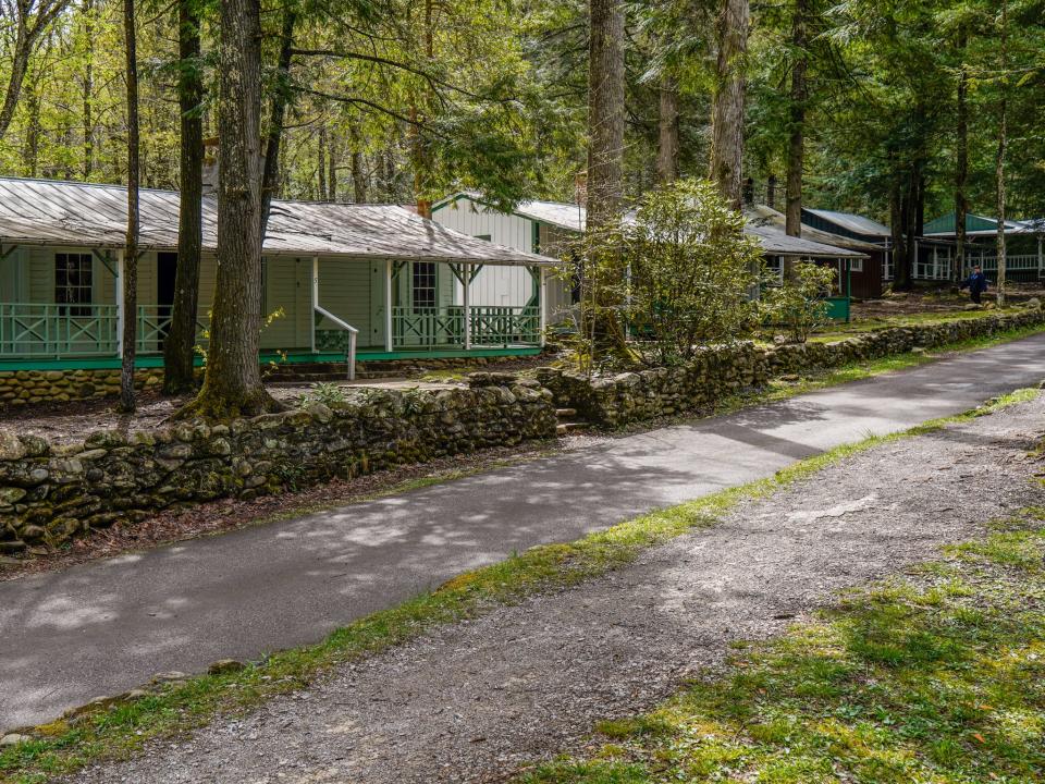 A road lined with cabins and trees