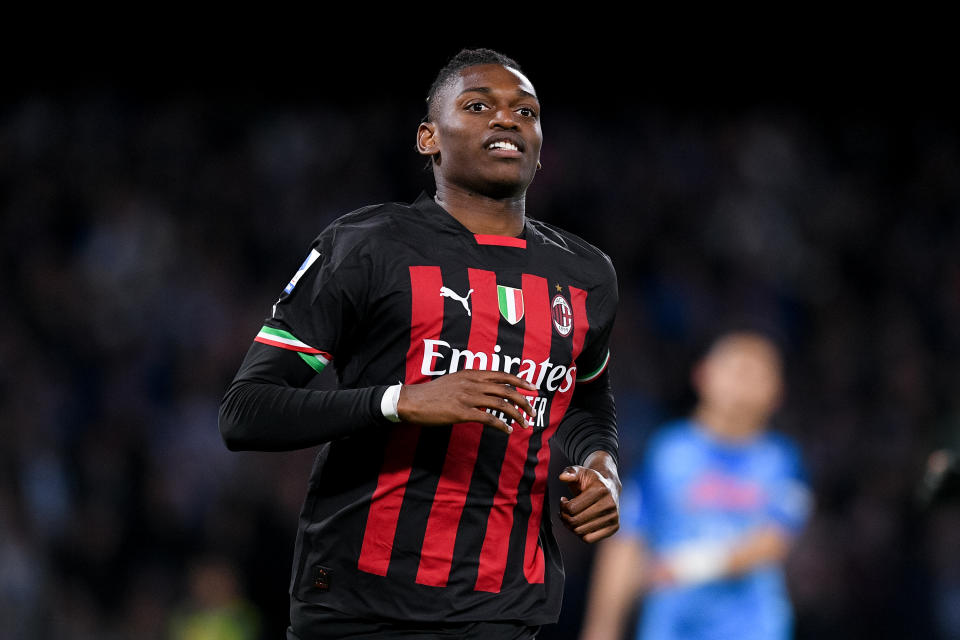Rafael Leao of AC Milan celebrates after scoring first goal during the Serie A match between SSC Napoli and AC Milan at Stadio Diego Armando Maradona on April 02, 2023 in Naples, Italy (Photo by Giuseppe Maffia/NurPhoto via Getty Images)
