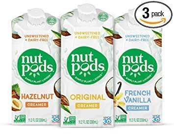 Made from almonds and coconuts, these dairy-free, soy-free, gluten-free, and unsweetened creamer alternatives called Nut Pods are a Whole30 coffee lovers dream -- seriously.&nbsp;<br /><br />We <a href="https://www.amazon.com/gp/product/B01F2PYV20/ref=oh_aui_detailpage_o00_s00?ie=UTF8&amp;th=1" target="_blank">recommend a variety pack of all three flavors</a> -- hazelnut, French vanilla and original -- so you can find the one that fits your tastes.