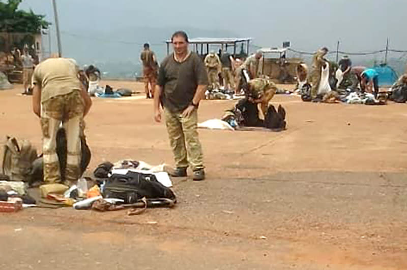 An image from a video obtained by NBC News appears to show dozens of Wagner operatives in uniform at a military base in Bangui, capital of the Central African Republic. (Obtained by NBC News)