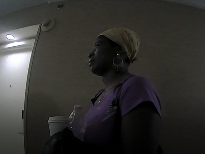 This is a screen shot from police body camera video. It shows Vickie Williams as she's being interviewed by Mount Dora police at the Hampton Inn, 19700 U.S. 441, on Dec. 30, 2022. The hotel said she was not a guest, but was nevertheless occupying a room. Police eventually issued Williams a trespass warning. Hours later, police say, she killed a Mount Dora couple in their home.