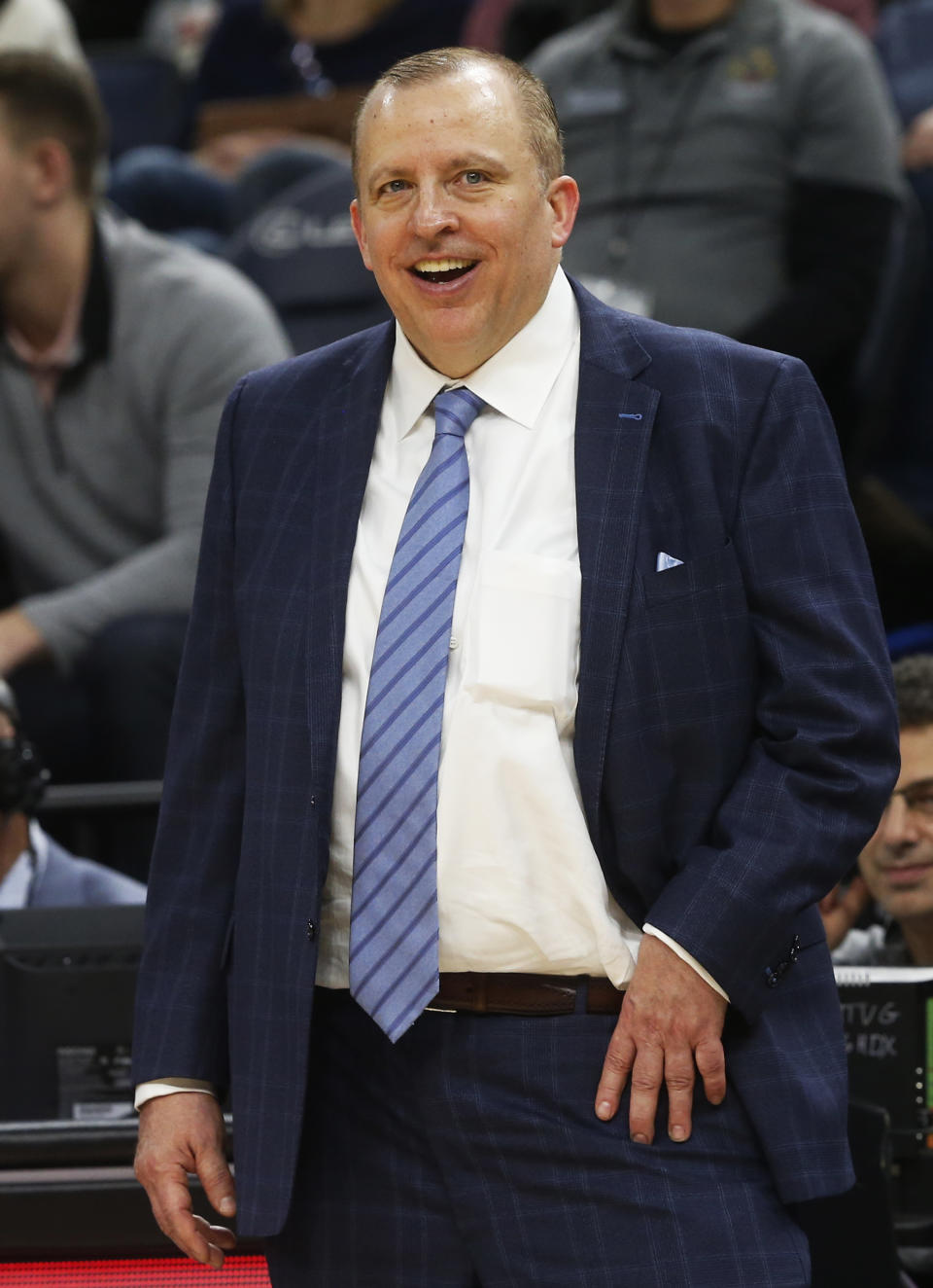 Minnesota Timberwolves head coach Tom Thibodeau smiles in the waning moments as his team defeats the Orlando Magic in an NBA basketball game Friday, Jan. 4, 2019, in Minneapolis. (AP Photo/Jim Mone)