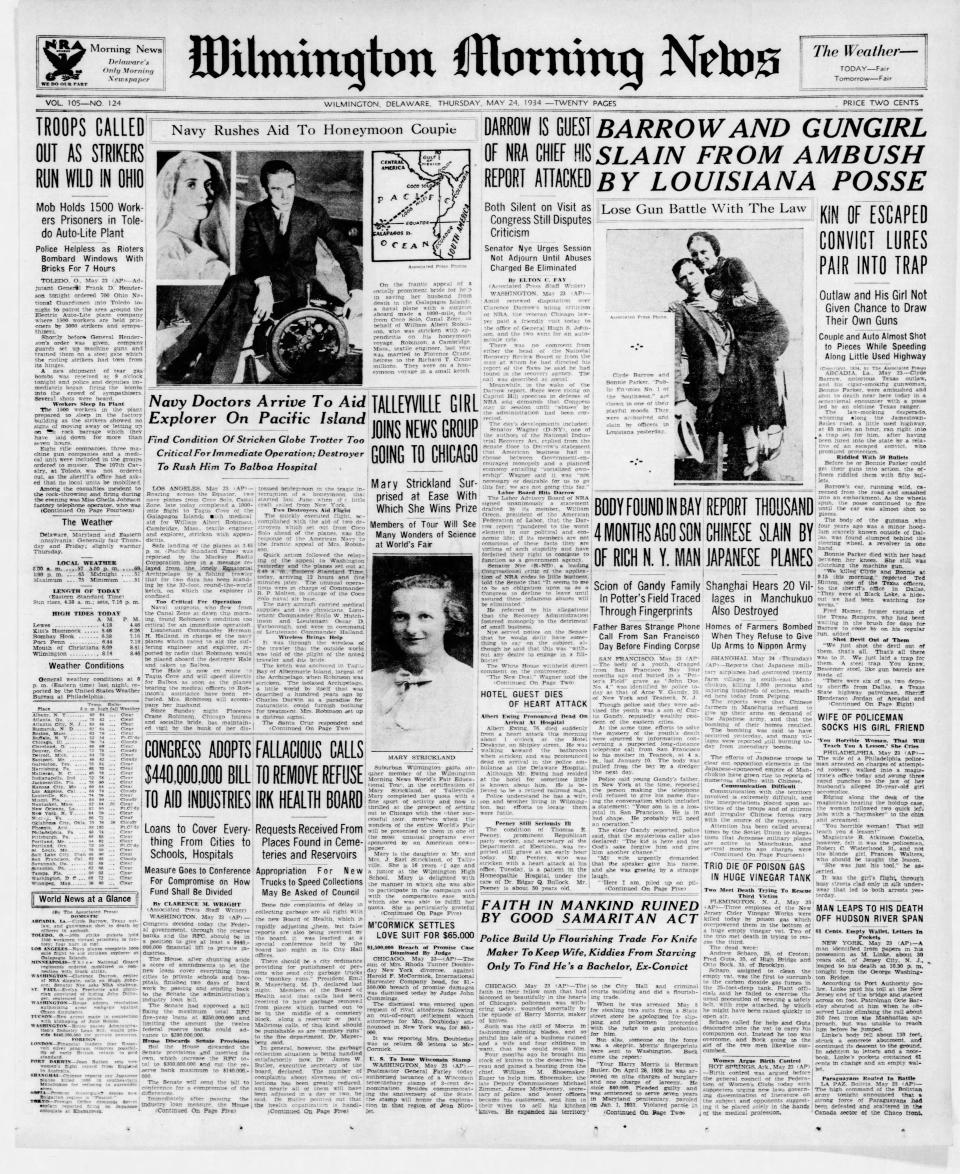 Front page of the Wilmington Morning News from May 24, 1934.