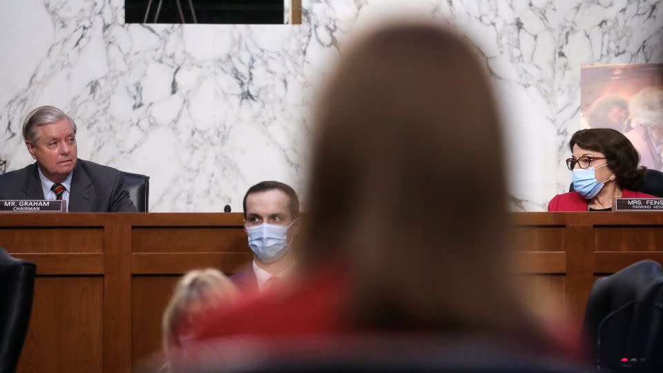 Senate Judiciary Committee Chairman Lindsey Graham looks in the direction of Feinstein during the second day of Supreme Court confirmation hearings for Judge Amy Coney Barrett on October 13, 2020. - Leah Millis/Pool/Getty Images