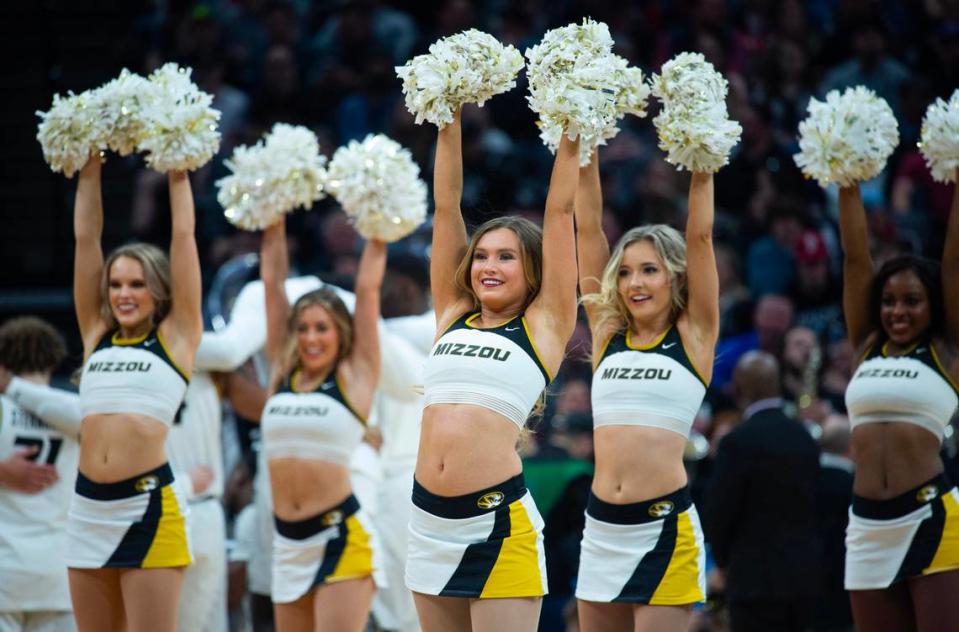 The Missouri Tigers cheerleaders perform during a timeout in a first-round NCAA Tournament game at Golden 1 Center in Sacramento.