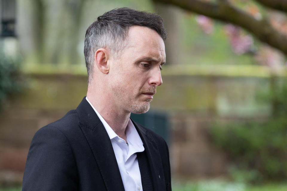 John Paul McQueen pictured at Juliet's funeral in Hollyoaks.