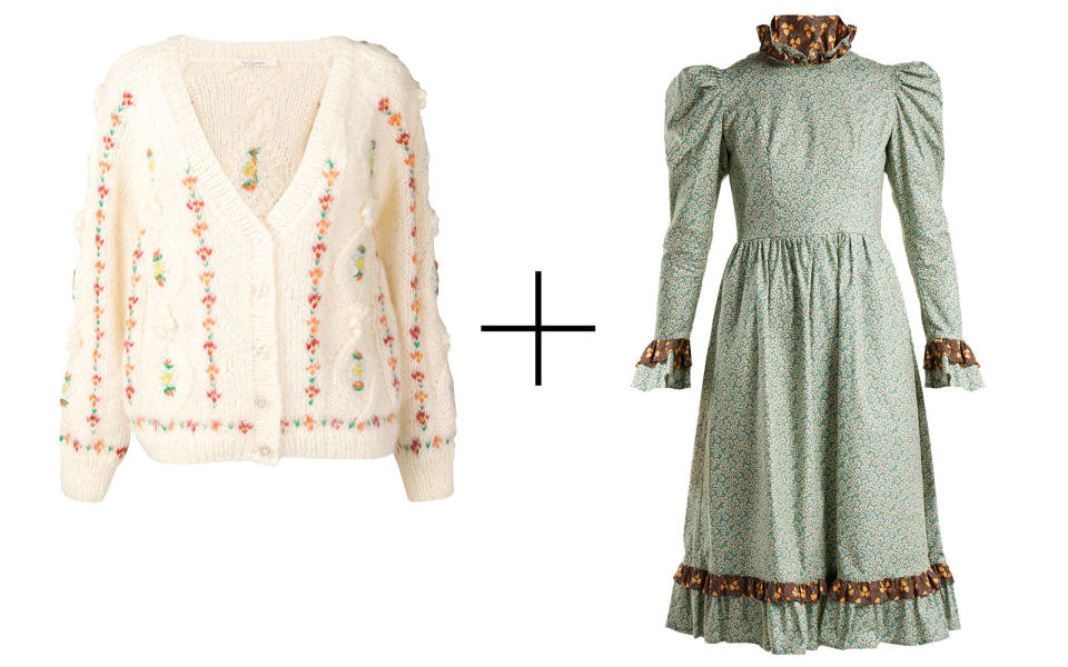 Mes Demoiselles ‘Chelsea’ Cable-knit Cardigan + Batsheva Floral-print Prairie Dress