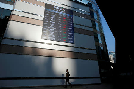 FILE PHOTO: A panel displays a list of top active securities outside the Hong Kong Exchanges in Hong Kong, China February 28, 2018. REUTERS/Bobby Yip/File Photo