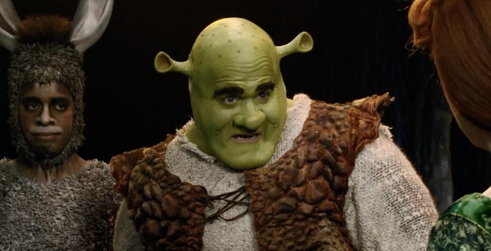 Brian d"arcy James as shrek, and Daniel Breaker as Donkey in Shrek the musical