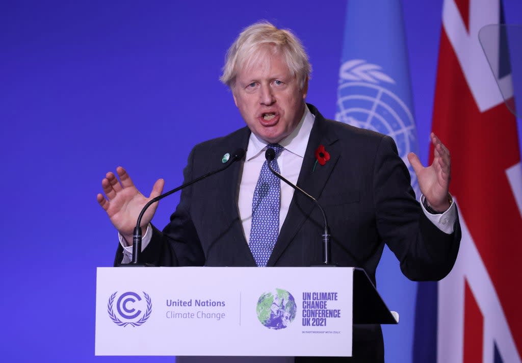 Boris Johnson delivers the opening speech at the the Cop26 summit in Glasgow (Yves Herman/PA) (PA Wire)