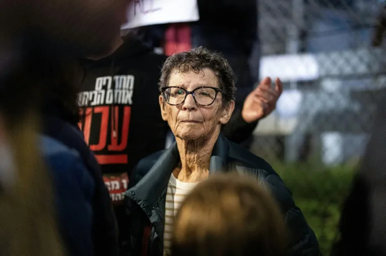 Freed Israeli hostage Yocheved Lifshitz, 85, takes part in a protest outside the defence ministry in Tel Aviv earlier this week (Oren ZIV)