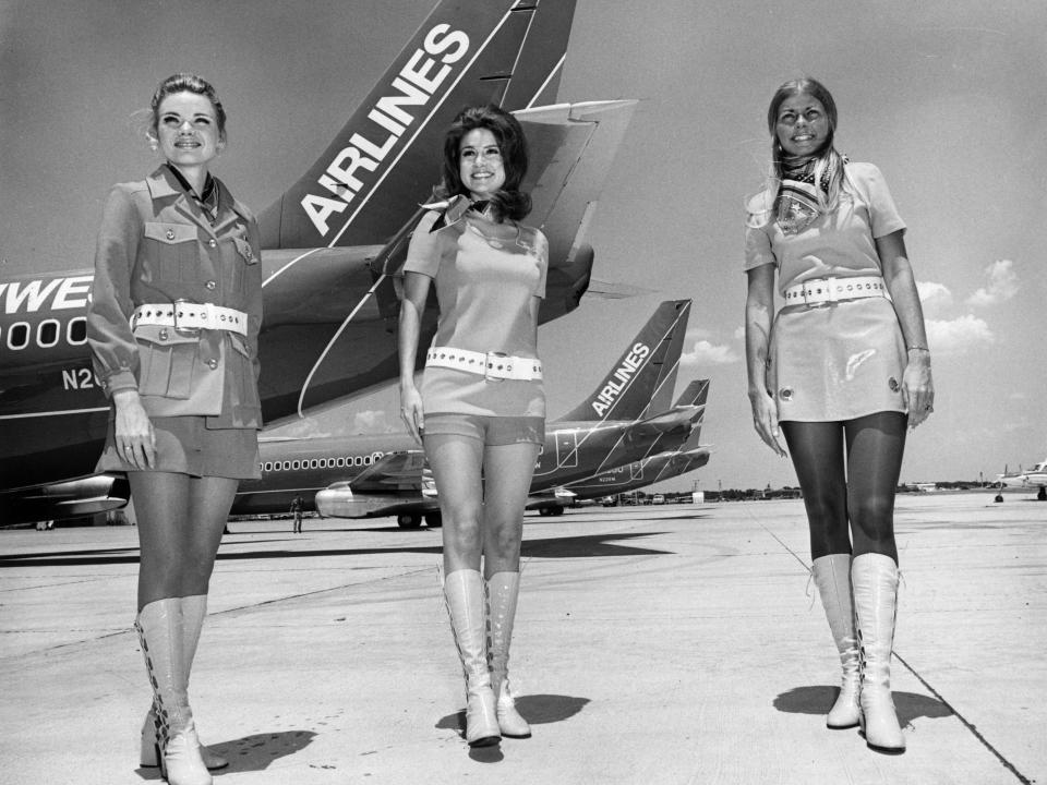 A 1968 photo of three flight attendants for Southwest Airlines