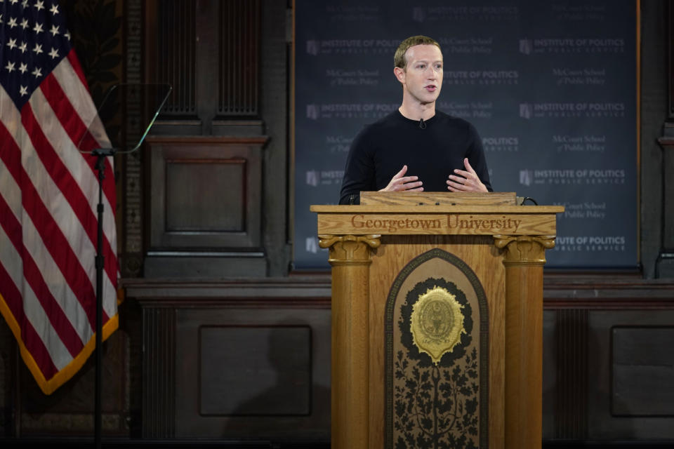 WASHINGTON, DC - OCTOBER 17: Facebook CEO Mark Zuckerberg leads a conversation on free expression at Georgetown University on October 17, 2019 in Washington, DC. The event was hosted by the university’s McCourt School of Public Policy and its Institute of Politics and Public Service (GU Politics). (Photo by Riccardo Savi/Getty Images for Facebook)