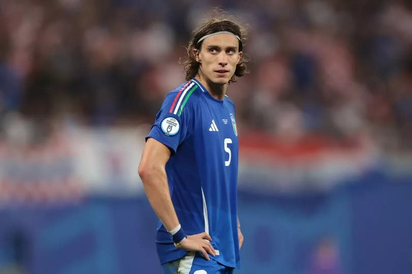 Riccardo Calafiori of Italy reacts during the UEFA EURO 2024 group stage match between Croatia and Italy at Football Stadium Leipzig on June 24, 2024 in Leipzig, Germany.