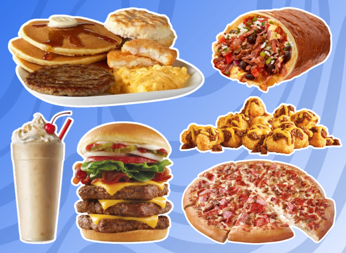 unhealthiest fast food menu items in america collage on a designed blue background