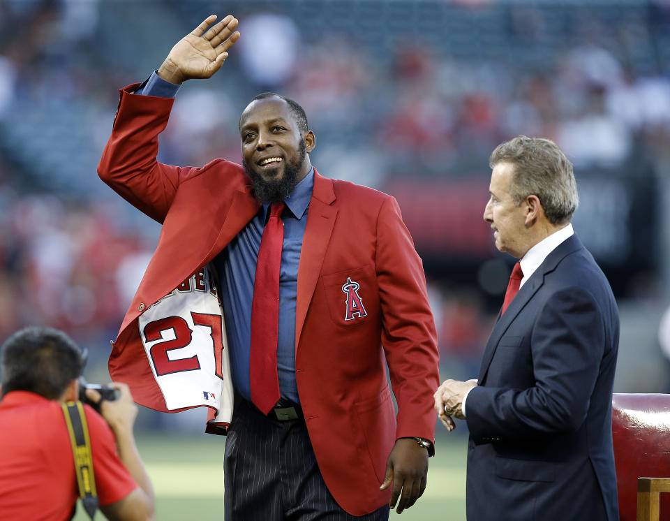 Vladimir Guerrero is showing love to the Angels with his Hall of Fame cap. (AP Photo)