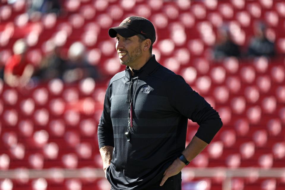 Iowa State coach Matt Campbell watches his team warm up before Saturday's game at Texas Tech.