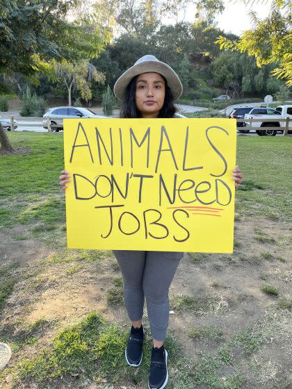 Maria Rios, 27, of Riverside said despite the imminent shutdown of the Griffith Park pony rides, she showed up to protest the attraction's final weekend to mark the end of what she described as the abuse of the animals. "We are lending our voices to the animals who can't speak for themselves," said Rios, who described herself as an animal liberation activist.