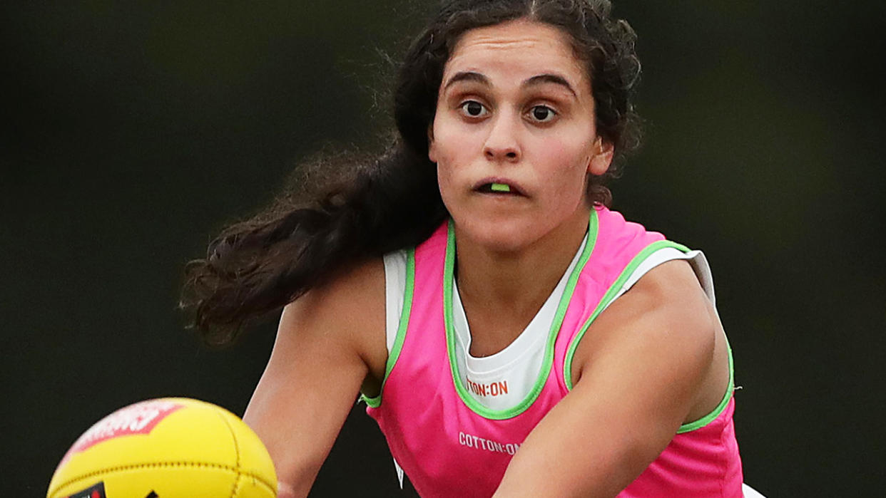 GWS Giants player Haneen Zreika is out of this weekend's AFLW matches, having decided not to wear a custom designed pride jumper due to religious reasons. (Photo by Mark Metcalfe/AFL Photos/Getty Images)