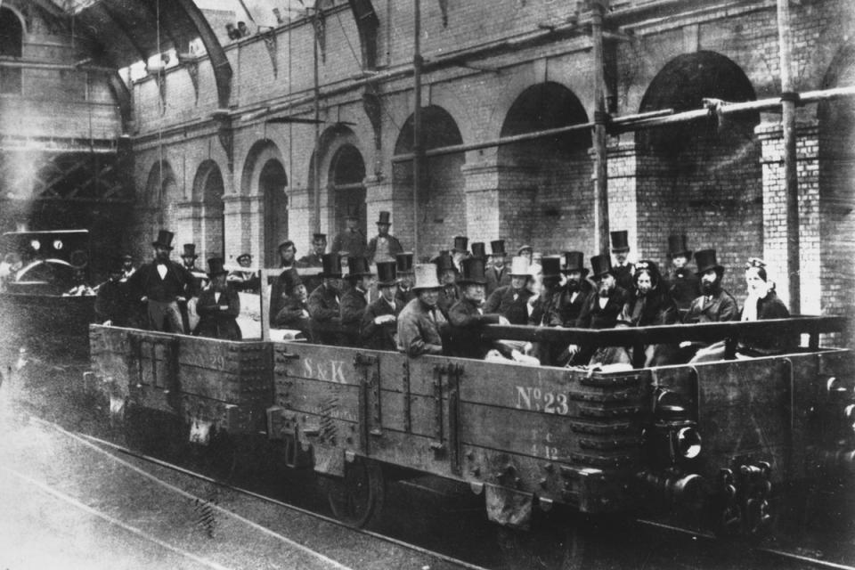 1862: Chancellor of the Exchequer William Ewart Gladstone with directors and engineers of the Metropolitan Railway Company on an inspection tour of the world's first underground line, 24th May 1862. Built between Paddington and the City of London, it opened in January of the following year. Gladstone is seen in the front row, near right. (Getty Images)