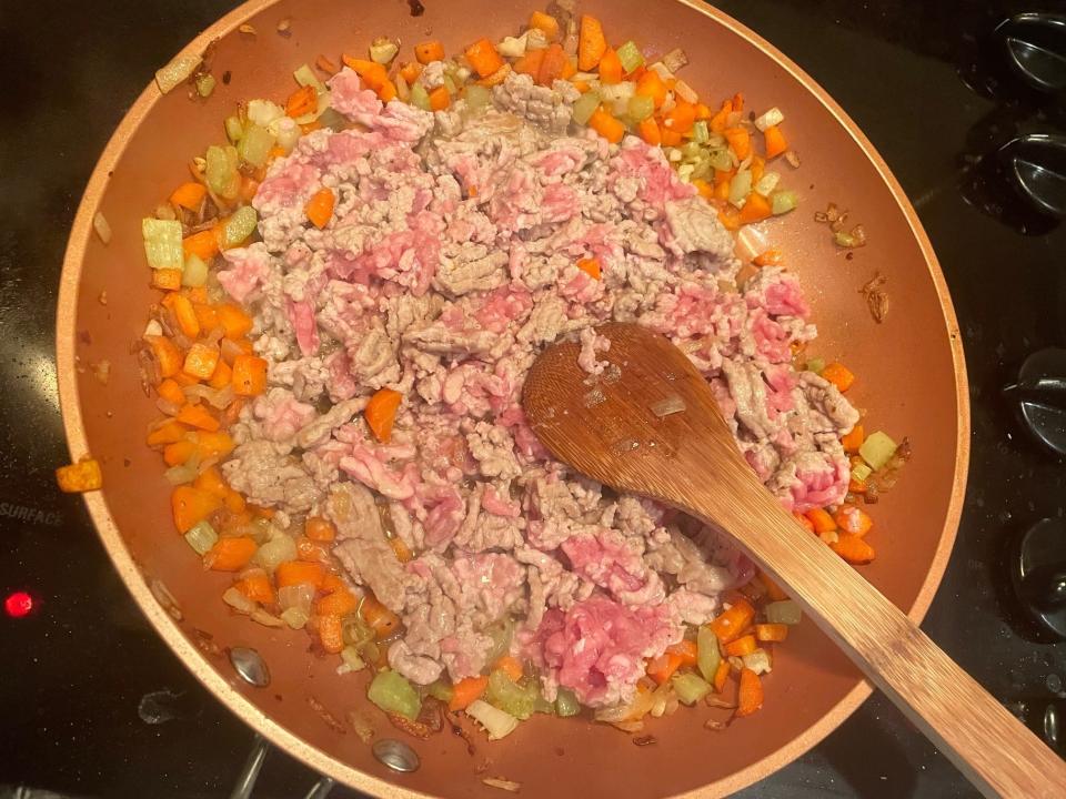Cooking meat and veggies for Cascatelli ragu