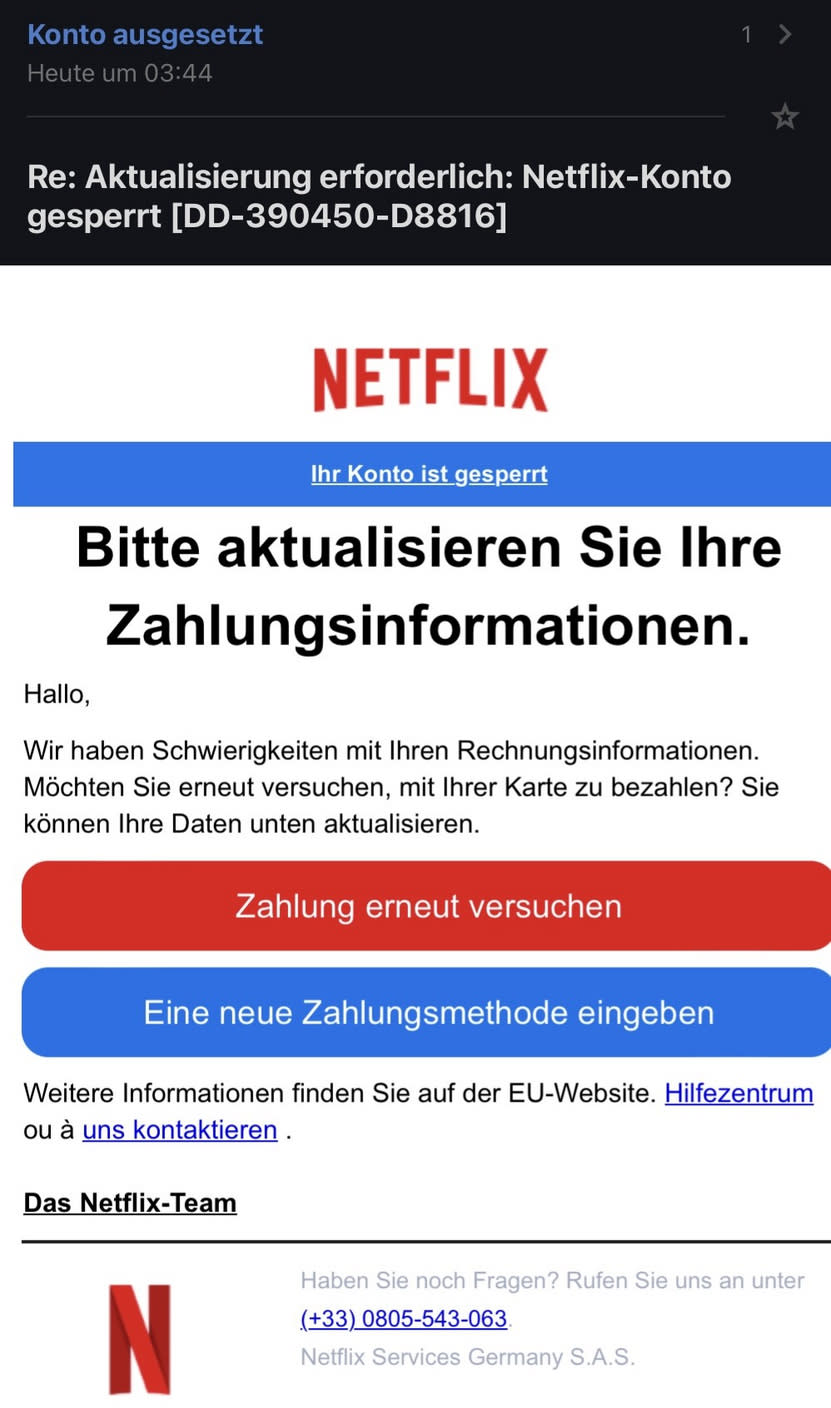 So sieht die Phishing-E-Mail aus, die aktuell bei vielen Nutzern ankommt. (Bild: Watchlist Internet)